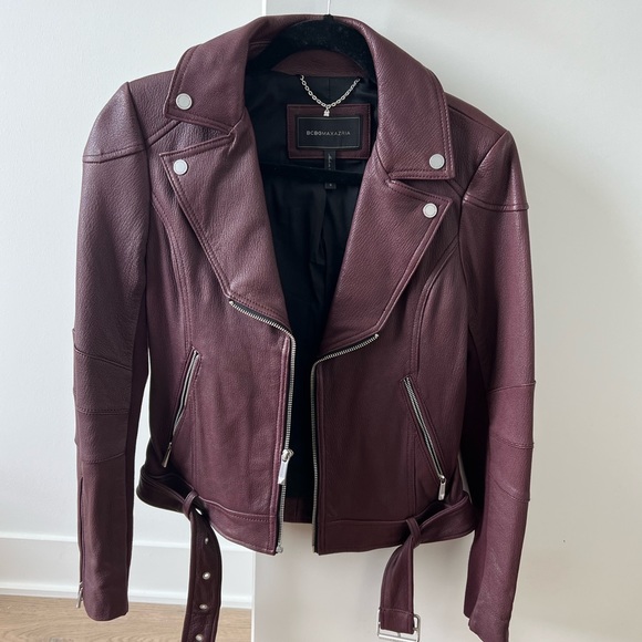 BCBGMaxazria Burgundy Moto Leather Jacket (Size Small) - Picture 3 of 7